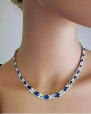 9Ct Oval Cut Lab Created Sapphire 18" Tennis Necklace 14K White Gold Plated - Image 1 of 4