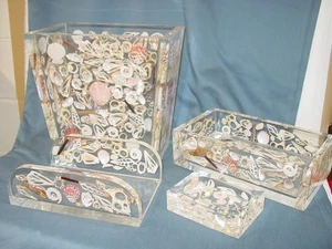 4 Pc MCM Heavy Thick Lucite Acrylic Tissue Box Waste Basket Soap Dish SEASHELLS - Picture 1 of 16
