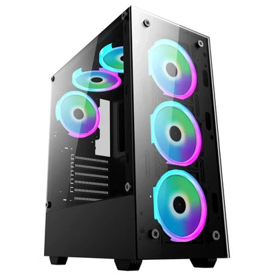 Gaming PC Computer Case RGB LED Mid Tower ATX Tempered Glass 6x Halo Ring Fans - Image 1 of 4