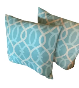 (2) Geometric Throw Pillows 16x16 in Turquoise/White Inside/Outside Durable - Picture 1 of 9