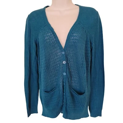 Cárdigan tejido azul verde azulado Anthopologie Sparrow M suéter bolsillos lino ANZA Foto 1 de 4