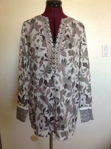 Maniche con cerniera nuove con etichette TORY BURCH $295 cotone impreziosito floreale LS *taglia 8