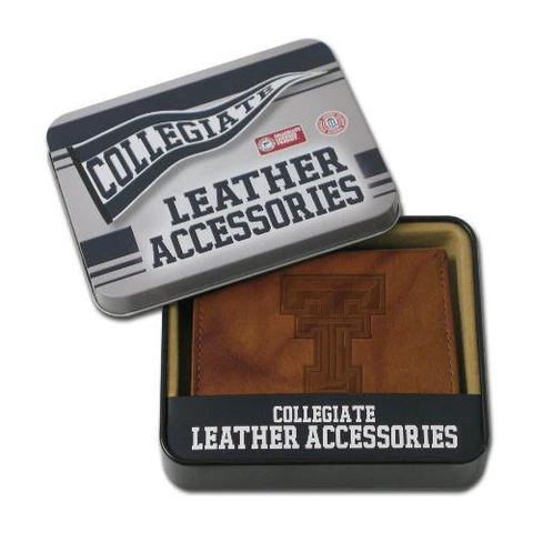 Texas Tech Red Raiders Embossed Brown Leather Trifold Wallet NEW in Gift Tin Cover