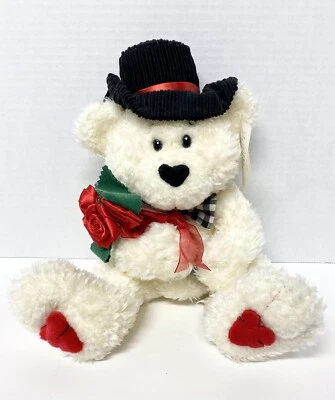 First Main Valentines White Bear 10" Plush Sweet Cheeks Red Roses Top Hat Heart - Image 1 of 4