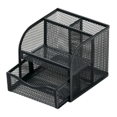 Multifunctional Mesh Metal Desk Organisers with 3 Pen Holder and Sliding Drawer - Image 1 of 4