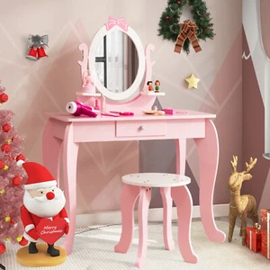 Kids Vanity Table Stool Set w/ Large Tabletop & Practical Drawer & Mirror Pink - Picture 1 of 8