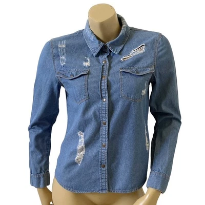 FOREVER 21 Womens Size Small Destroyed Denim Blue Jean Snap Front Collared Shirt - Image 1 of 4