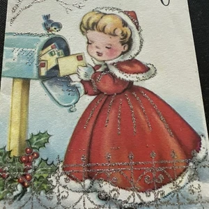 Tarjeta de Navidad de Colección Mcm Niña Cuadros Buzón Letras Brillo Rojo Abrigo Borde de Piel - Imagen 1 de 11