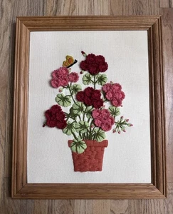 Vtg 70’s Crewel Embroidery Floral Framed Red Pink Flowers Butterfly 22.5X18.75 - Picture 1 of 5