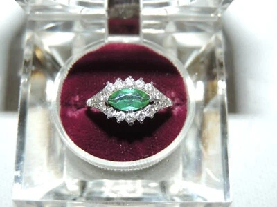MID CENTURY MARQUISE CUT GREEN TOURMALINE CLUSTER RING W/ DIAMOND HALO SET IN 18 - Image 1 of 4
