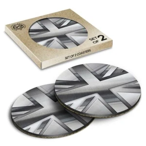 2 x Boxed Round Coasters - Silver Metallic Union Jack Flag #21865 - Picture 1 of 7