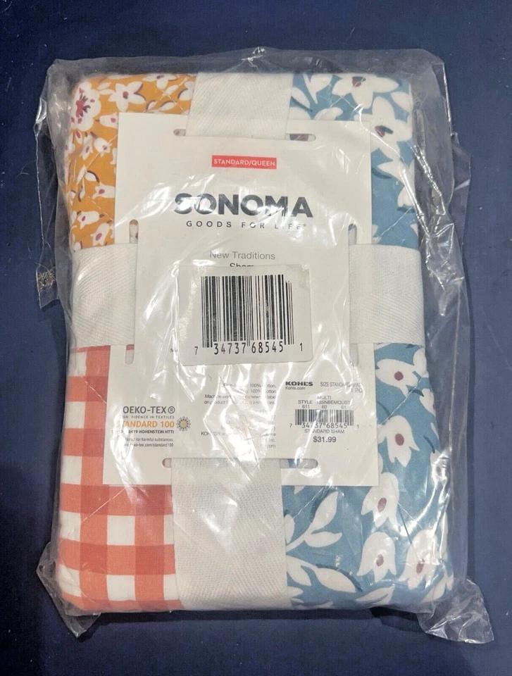 Falsa acolchada reversible estándar Queen SONOMA Chevron floral multicolor nueva Foto 1 de 2