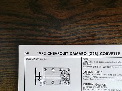 Chevrolet Camaro Z28 1972 y Corvette ocho 255 hp LT-1 350 CI V8 tabla de puesta a punto   Foto 1 de 4