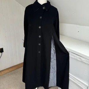 Terry Macey Coat Size S Black & Silver Flared Panels Wool Long Button Up Pockets - Picture 1 of 16