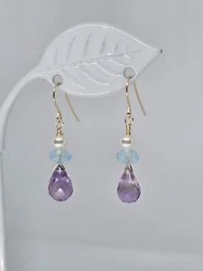 Amethyst Briolette Blue Topaz Dangle Earrings 14k Yellow Gold or Sterling Silver - Picture 1 of 9