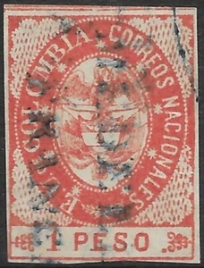 STAMPS-COLOMBIA. 1865. 1 Peso Vermilion. Transfer Type 6. SG: 38. 4 Marg. Used - Picture 1 of 2