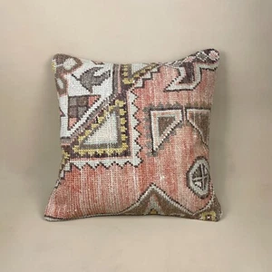 Antique Kilim Cushion Carpet Scatter Pillow Feather Handmade 50x50cm Pink Beige - Picture 1 of 14