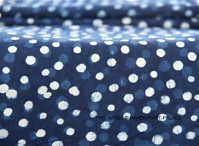 3 yard Indian hand block Print cotton Indigo Blue Polka Dot Sanganeri Fabric Art - Image 1 of 3