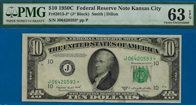 1950C $10 Federal Reserve Note PMG 63EPQ Kansas City star Fr 2013-J - Image 1 of 2