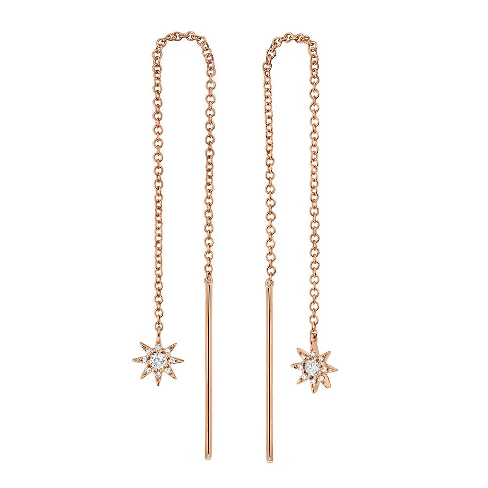 Diamond Threader Earrings Rose Gold 14K 0.10CT Round Cut Natural Drop Dangling - Image 1 of 4