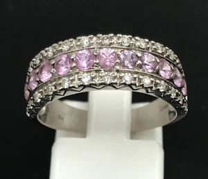 9ct gold pink sapphire and diamond multirow ring, white gold, uk size Q - Picture 1 of 16