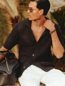 Reiss Amir Crochet Shirt In Chocolate Brown - Size Small - RRP £130 - Picture 1 of 7