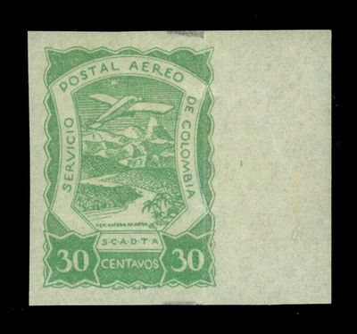 COLÔMBIA 1921 Correio Aéreo SCADTA 30c verde maçante IMPERFURADO - Sc# C29var em perfeito estado, sem marca de charneira, sem marca de charneira - Imagem 1 de 2