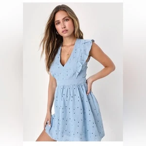 NWT Blue Ruffled Eyelet Cotton Mini Dress Sz L A Line Preppy Girly Cottagecore - Picture 1 of 12