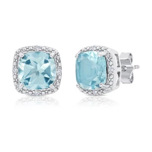 Sterling Silver 7MM Gemstone and Diamond Accent Halo Cushion Cut Stud Earrings - Picture 1 of 13