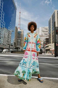 NEW $325.00 Farm Rio Tie Dye Rainbow Patchwork Maxi Dress Sz. Medium - Picture 1 of 7