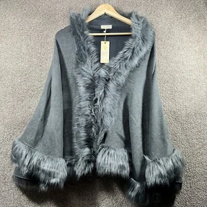 Gran Muralla Poncho Sweater Womens Charcoal Grey Cotton Faux Fur Trim Open Front - Picture 1 of 7