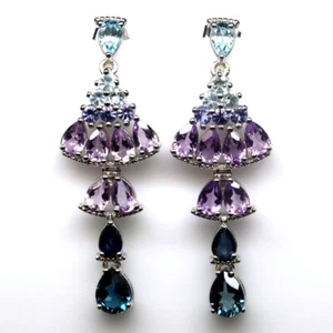 Gemstone Pink Amethyst, Topaz & Tanzanite Earrings 925 Silver White Gold - Picture 1 of 4