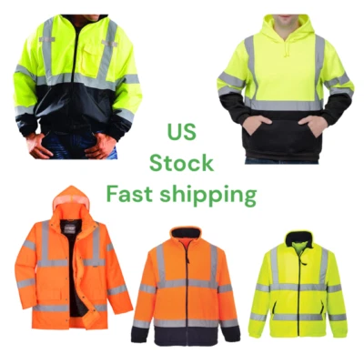 Hi-Vis Safety Bomber Reflective Jacket Work High Visibility Hoodie Coat JT306 - Image 1 of 4