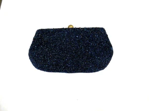 Dark blue beaded scroll patterned clutch purse, c. 1950s Belgium - Picture 1 of 9