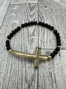Costume Jewelry Bracelet Stretch Christian Cross Religious Black Beaded Goth - Picture 1 of 3