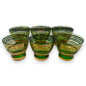 Vintage Borske Sklo Shot Glass Emerald Green Gold Red Band Lot 6 Wide Mouth - Picture 1 of 6