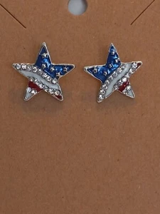 4th Of JULY Independence American Flag Silver Stud Earrings Star Red White Blue - Picture 1 of 3