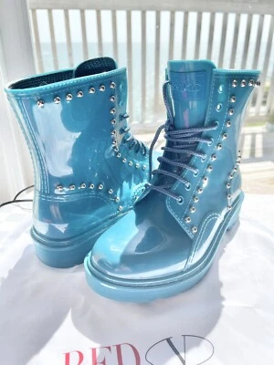 Bota de combate roja (V) Valentino turquesa goma tachonada para mujer US6M/EU36 $350 RARA Foto 1 de 4