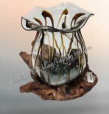 Bali Melted Glass bowl slumped Driftwood teak BALINESE Unique decor FREEPOST #1
