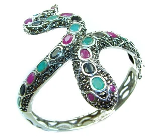 Ruby Emerald Sapphire Snake Bracelet 55.2ct 925 Silver Handmade Red Gemstone - Picture 1 of 4