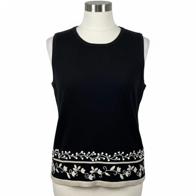 Dressbarn Knit Sweater Vest Tank Top S Black Floral Embroidered Sequins 90s Y2K - Image 1 of 4