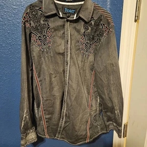 Roar Signature Mens Gray Tribal Y2K Embroidered Button Down Shirt Large - Picture 1 of 10