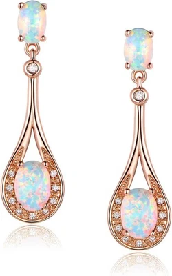Opal Stone 18K White Gold Rose Gold Plated Dangle Earring Jewelry Hypoallergenic - Image 1 of 4