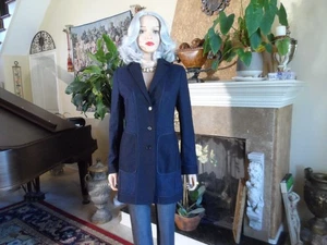 Neu Akris Punto schwarz & blau Wolle/Seide Mischung Twill Erbse Mantel Größe US 8 - Bild 1 von 24