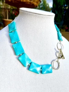 Reconstituted Rectangul Turquoise Bead Necklace With Silver Tone Toggle - Picture 1 of 3
