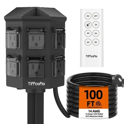 Outdoor Power Strip with 100FT Extension Cord, 100FT Remote Control, Dusk to ... - Image 1 of 4
