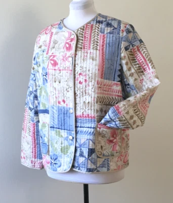 Alfred Dunner Quilt Jacket 14 Pink Blue Silk Floral Colorblock Button Up Pocket - Image 1 of 4