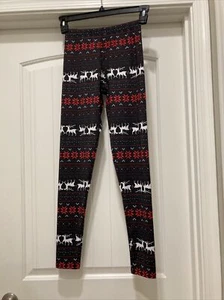 NWT Ensasa Womens Stretch Black Red Poinsetta White Reindeer Leggings SZ Small - Picture 1 of 10