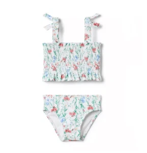 Janie & Jack Recycled Floral Smocked 2-Piece Swimsuit White Floral Size 6 Girls - Picture 1 of 2