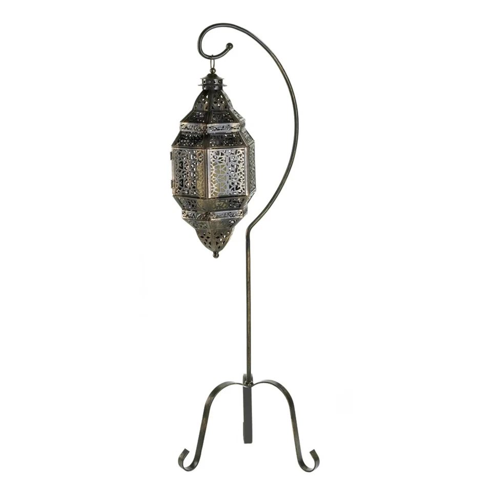 Moroccan Iron Candle Lantern with Stand Lamp Centerpiece Terrace Home Decor - Image 1 of 2